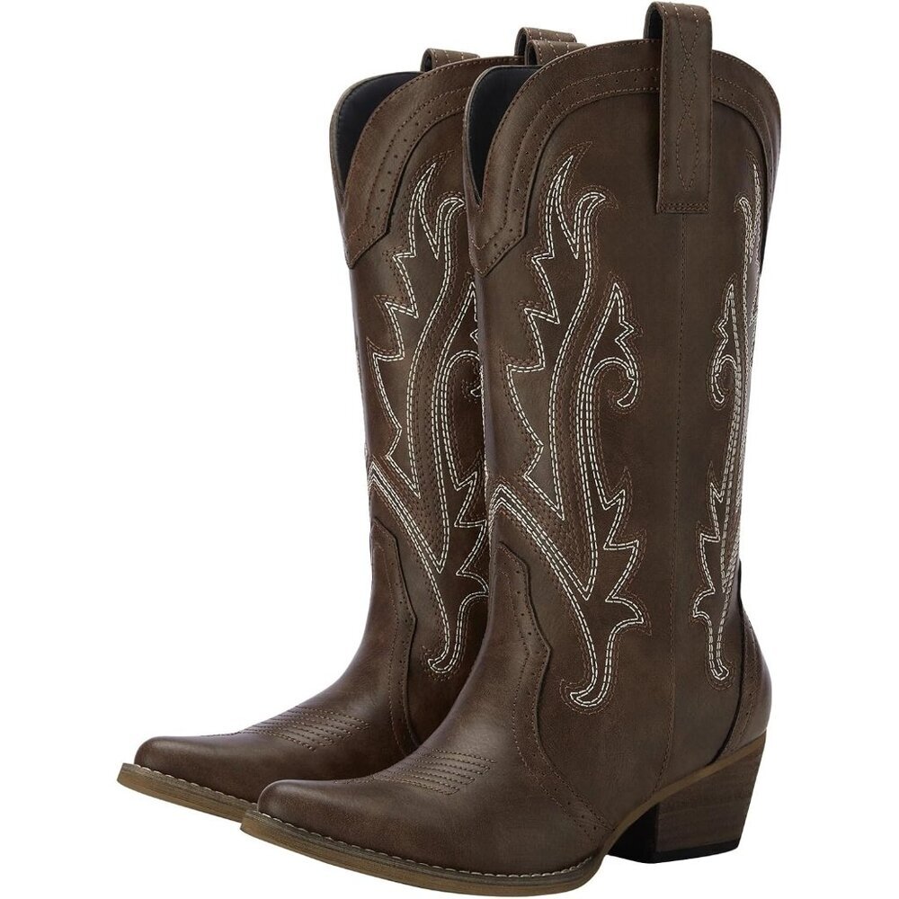 Ⓜ️Women's Brown Pointed Toe Stitched Embroidery Mid Heel Traveling Cowgirl Boot